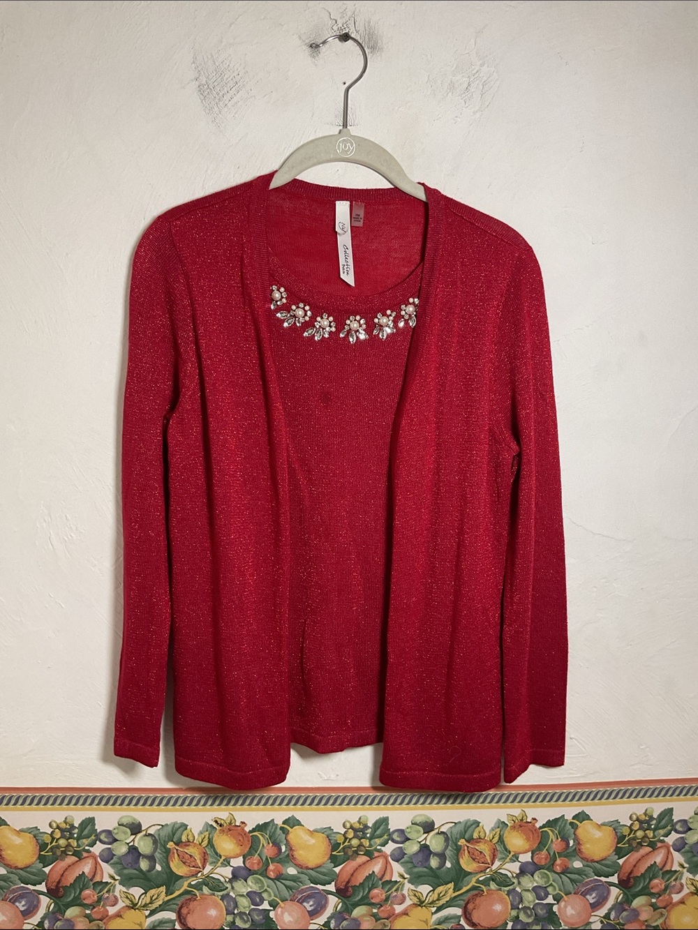 NY Collection Petite Red Shimmer Bead Neckline 2-in-1 Layered Sweater Top Sz MP